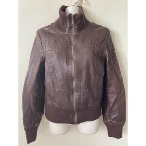 Catwalk Brown Distressed Faux Leather Ribbed Trim Zip Up Cosplay Jacket Size M